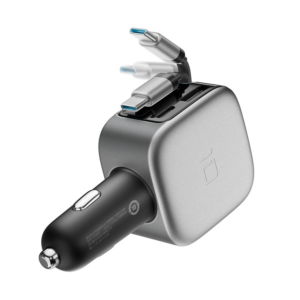 Cuktech CC903P 100W automobilinis įkroviklis su ekranu ir 70cm atsukinamu USB-C laidu - pilkas -- Car chargers
