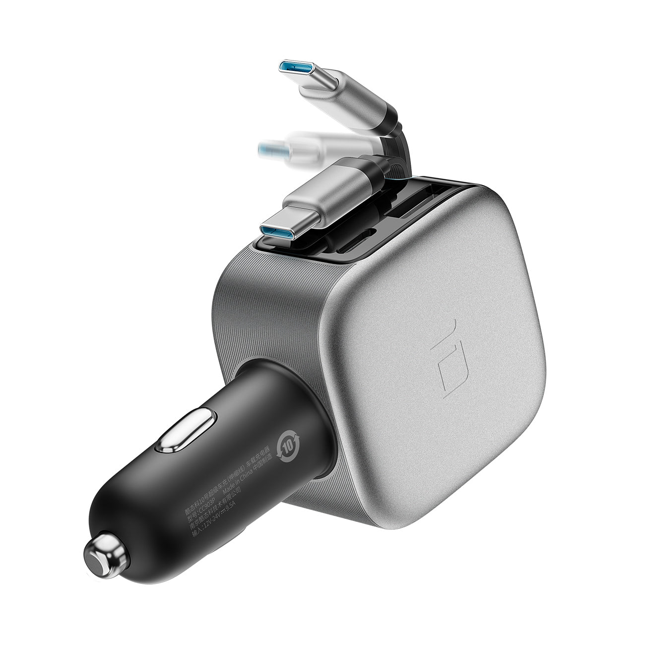 Cuktech CC903P 100W automobilinis įkroviklis su ekranu ir 70cm atsukinamu USB-C laidu - pilkas -- Car chargers