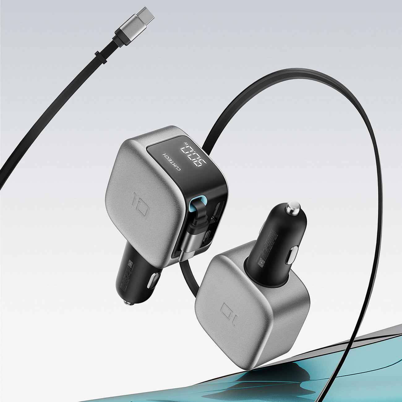Cuktech CC903P 100W automobilinis įkroviklis su ekranu ir 70cm atsukinamu USB-C laidu - pilkas -- Car chargers