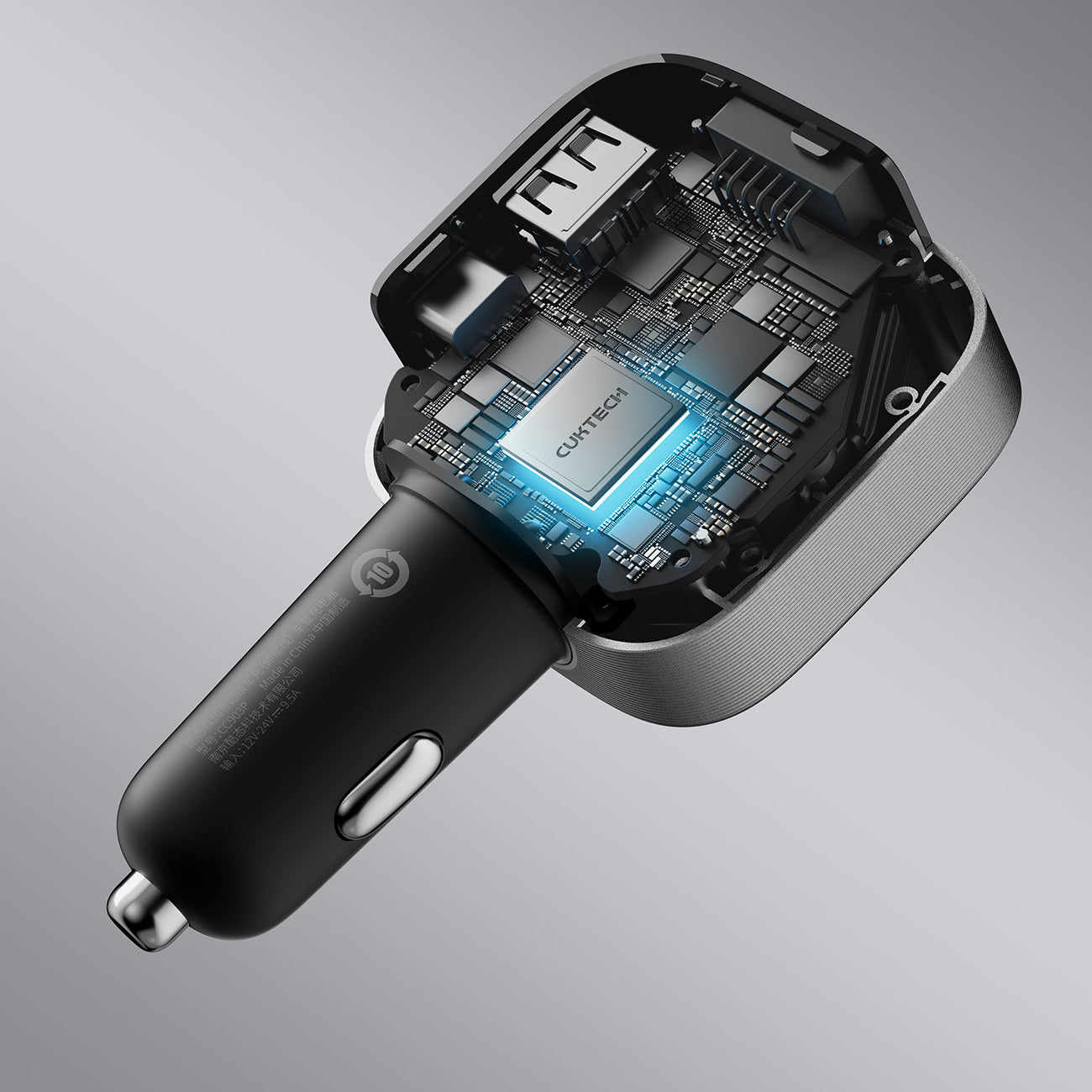 Cuktech CC903P 100W automobilinis įkroviklis su ekranu ir 70cm atsukinamu USB-C laidu - pilkas -- Car chargers