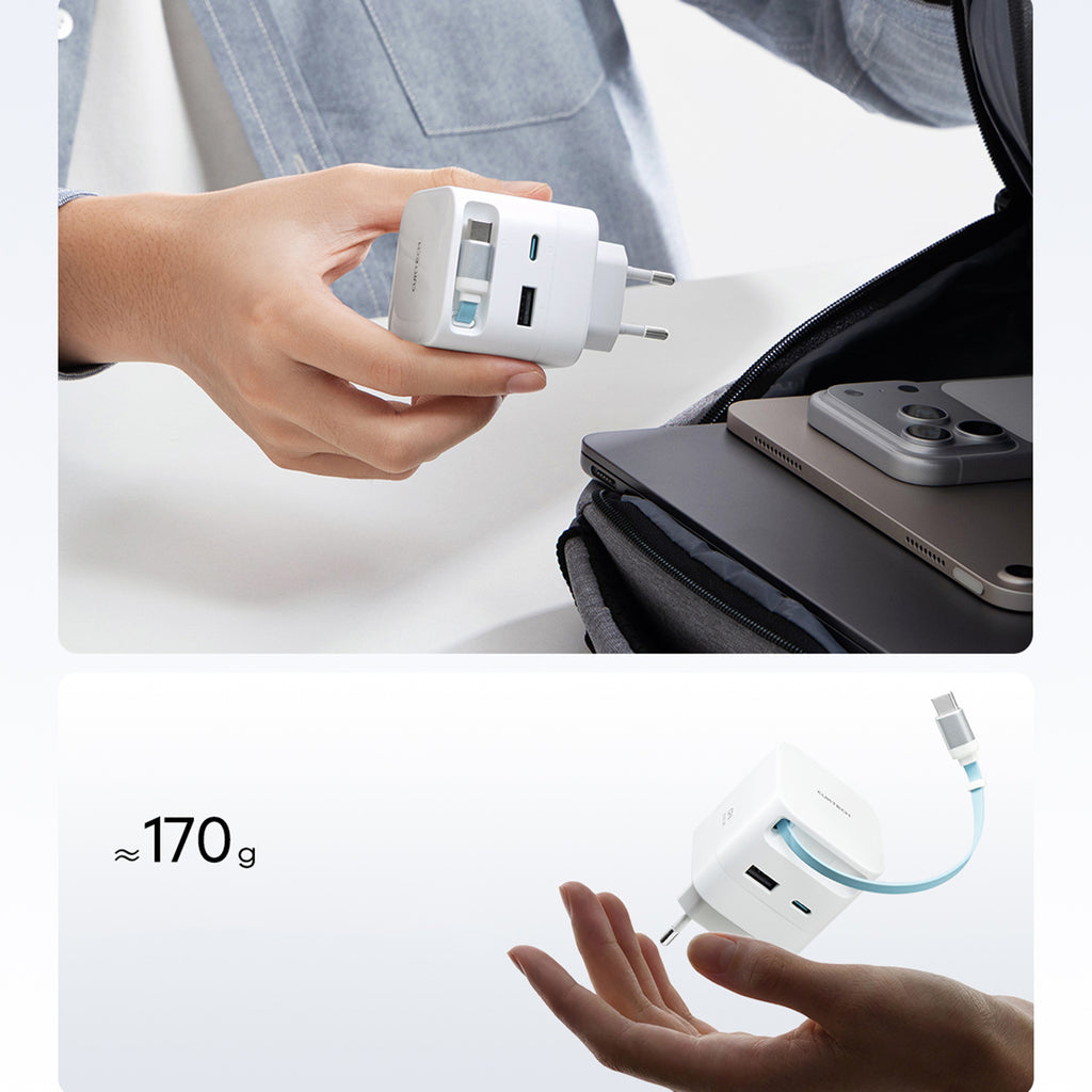 Cuktech AD653W 67W GaN 2x USB-C + USB-A sieninis įkroviklis su 70cm patrauktu USB-C kabeliu - Balta -- Cell phone chargers