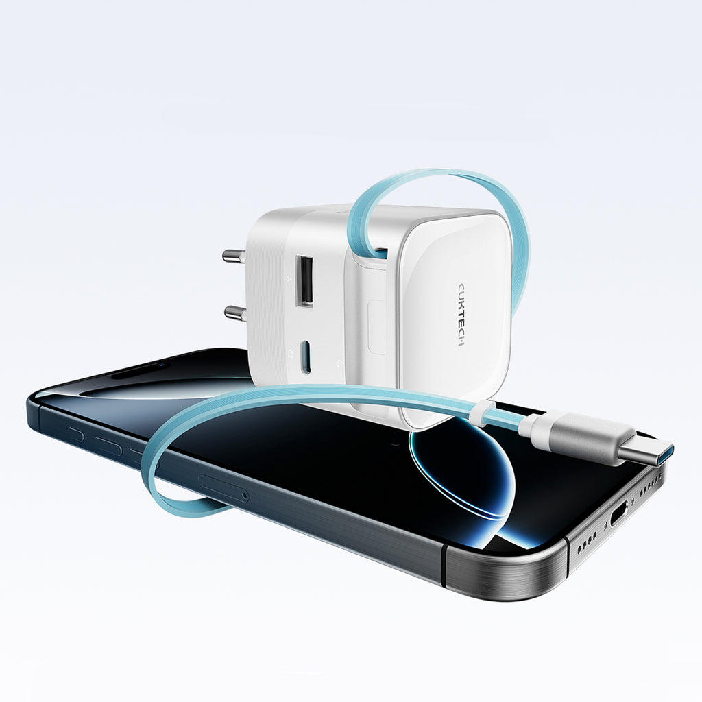 Cuktech AD653W 67W GaN 2x USB-C + USB-A sieninis įkroviklis su 70cm patrauktu USB-C kabeliu - Balta -- Cell phone chargers
