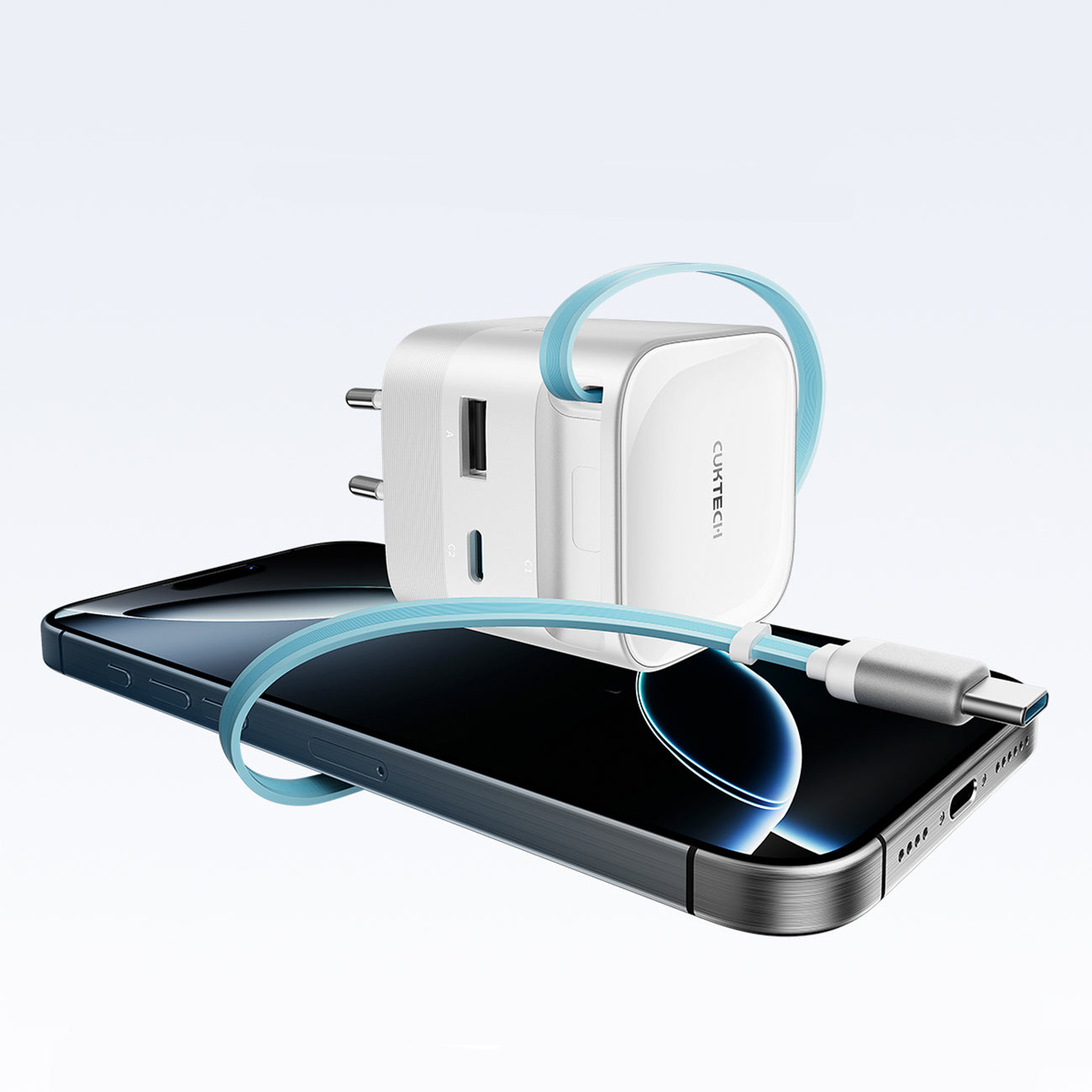 Cuktech AD653W 67W GaN 2x USB-C + USB-A sieninis įkroviklis su 70cm patrauktu USB-C kabeliu - Balta -- Cell phone chargers