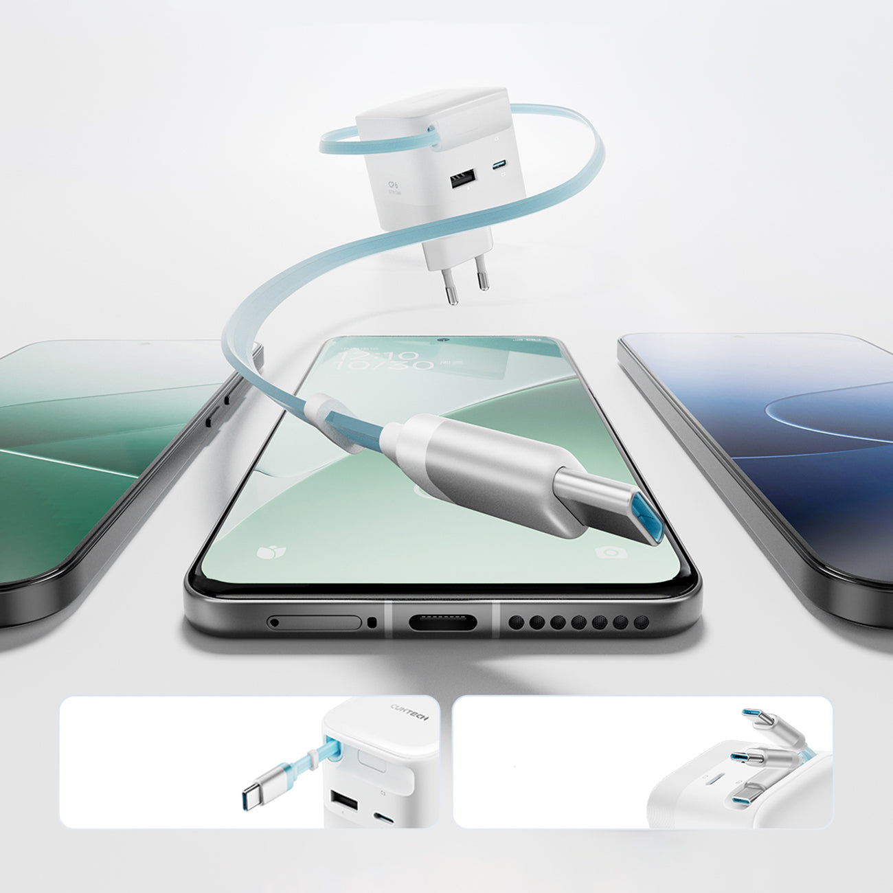 Cuktech AD653W 67W GaN 2x USB-C + USB-A sieninis įkroviklis su 70cm patrauktu USB-C kabeliu - Balta -- Cell phone chargers