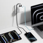 Cuktech AD653W 67W GaN 2x USB-C + USB-A sieninis įkroviklis su 70cm patrauktu USB-C kabeliu - Balta -- Cell phone chargers