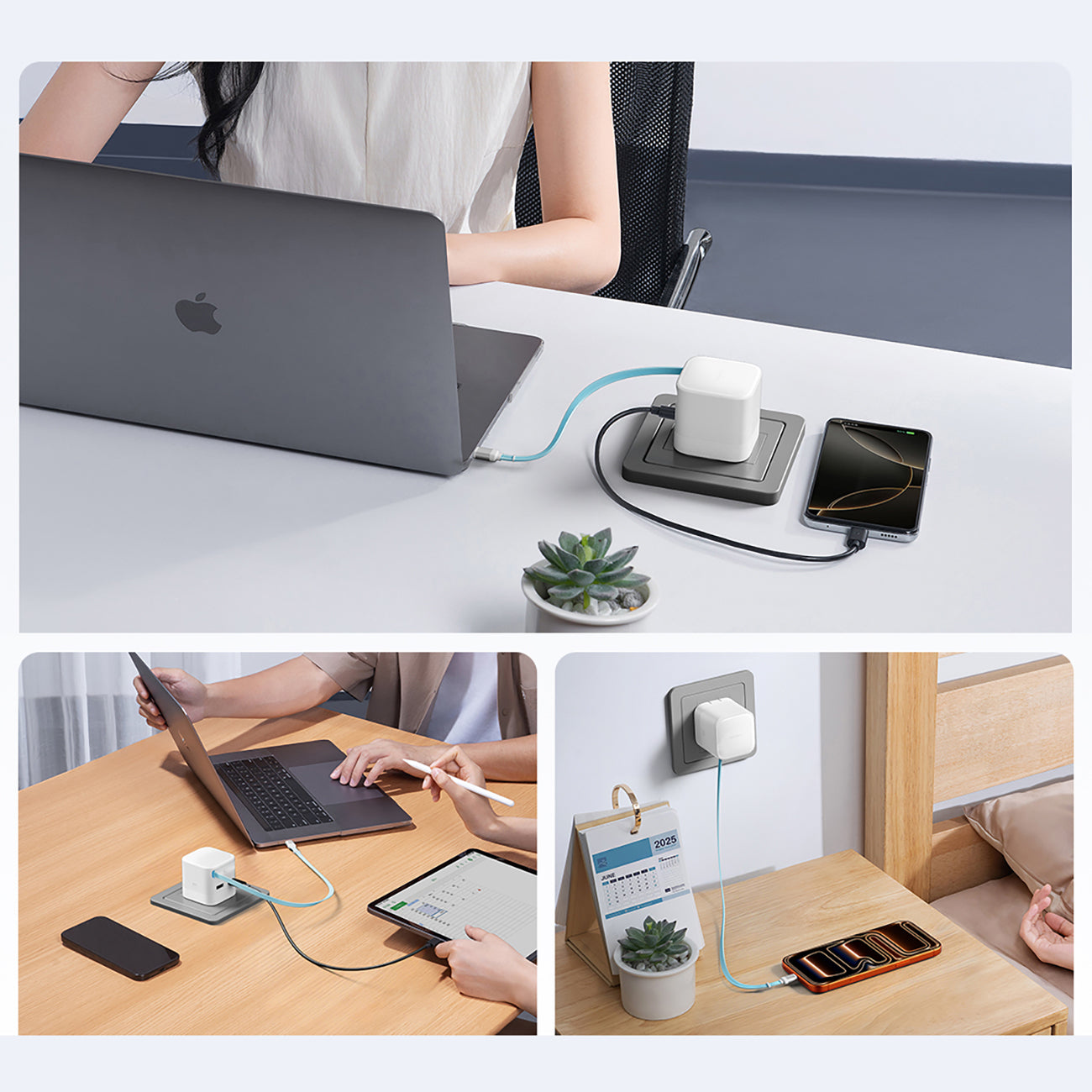 Cuktech AD653W 67W GaN 2x USB-C + USB-A sieninis įkroviklis su 70cm patrauktu USB-C kabeliu - Balta -- Cell phone chargers