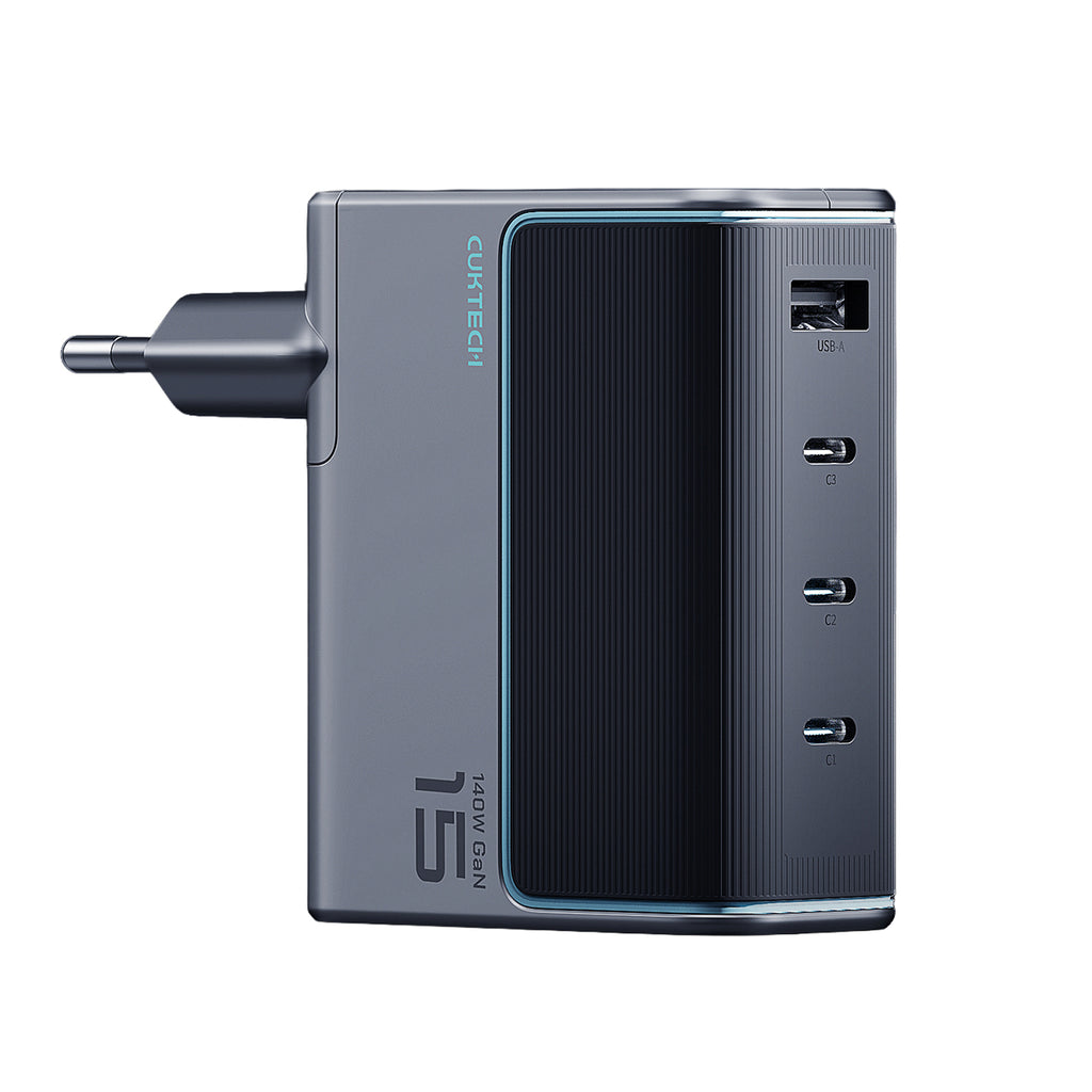 Cuktech AD1404UEU 140W GaN 3x USB-C + USB-A Sieninis įkroviklis su USB-C kabelu - Pilkas -- Cell phone chargers
