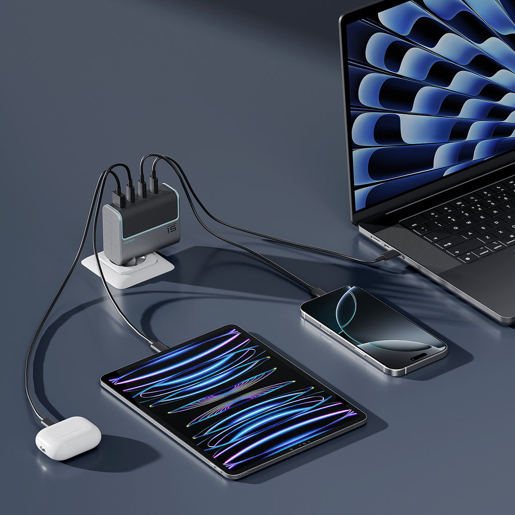 Cuktech AD1404UEU 140W GaN 3x USB-C + USB-A Sieninis įkroviklis su USB-C kabelu - Pilkas -- Cell phone chargers