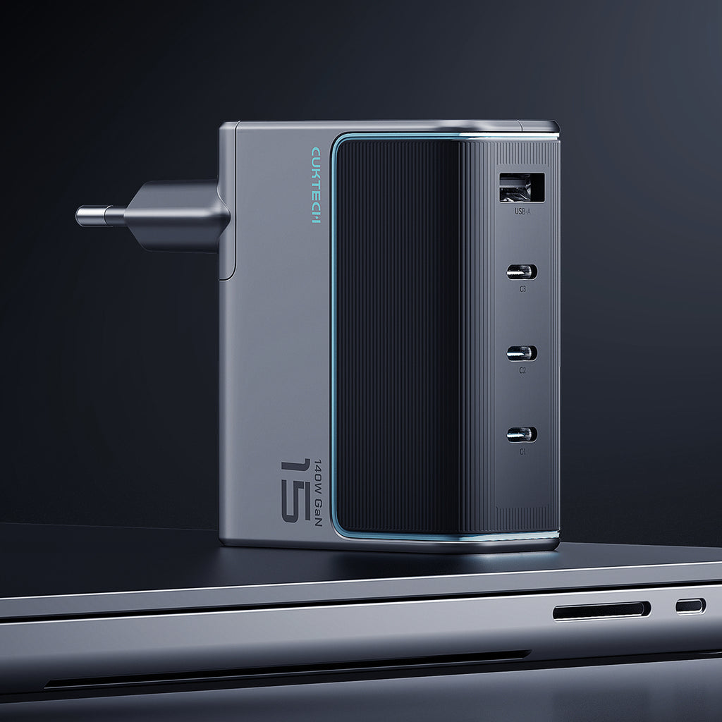 Cuktech AD1404UEU 140W GaN 3x USB-C + USB-A Sieninis įkroviklis su USB-C kabelu - Pilkas -- Cell phone chargers