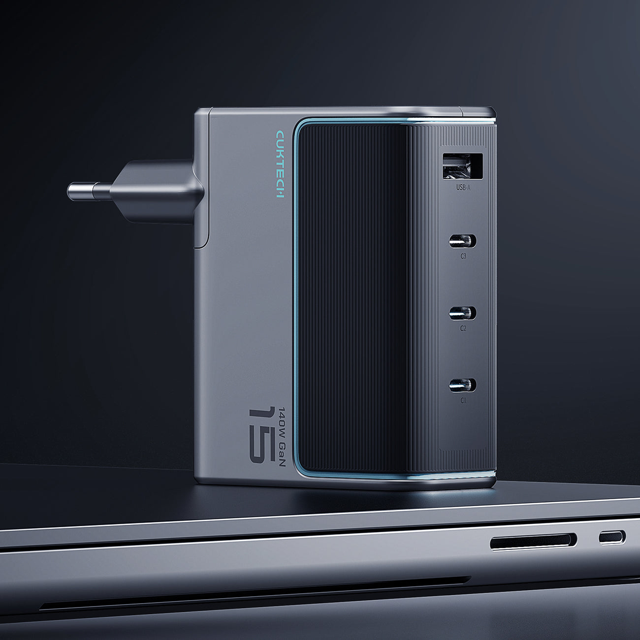 Cuktech AD1404UEU 140W GaN 3x USB-C + USB-A Sieninis įkroviklis su USB-C kabelu - Pilkas -- Cell phone chargers