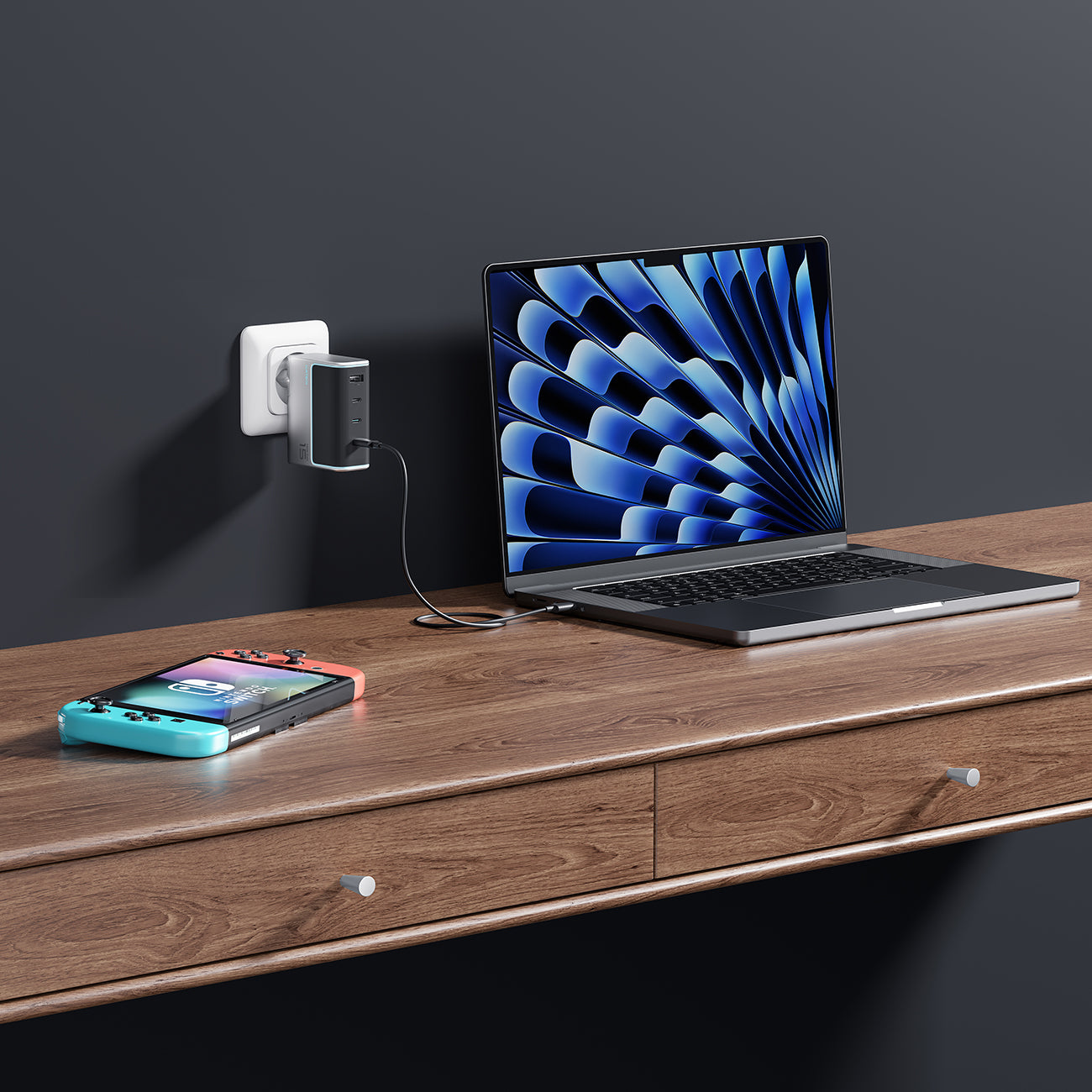 Cuktech AD1404UEU 140W GaN 3x USB-C + USB-A Sieninis įkroviklis su USB-C kabelu - Pilkas -- Cell phone chargers