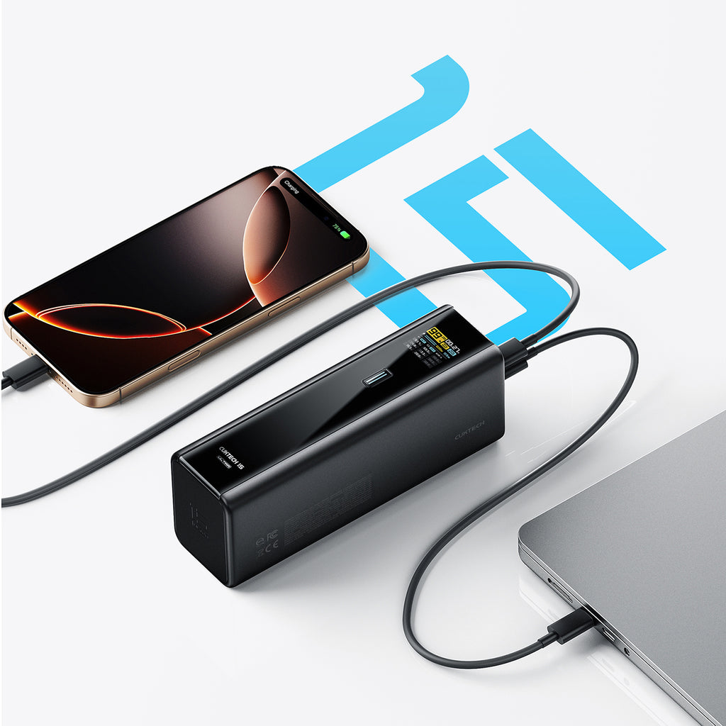 Cuktech PB200U išorinė baterija 210W 20000mAh 2x USB-C + USB-A su TFT ekranu ir 240W USB-C kabeliu - juoda -- Powerbanks