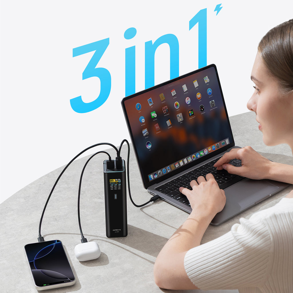 Cuktech PB200U išorinė baterija 210W 20000mAh 2x USB-C + USB-A su TFT ekranu ir 240W USB-C kabeliu - juoda -- Powerbanks