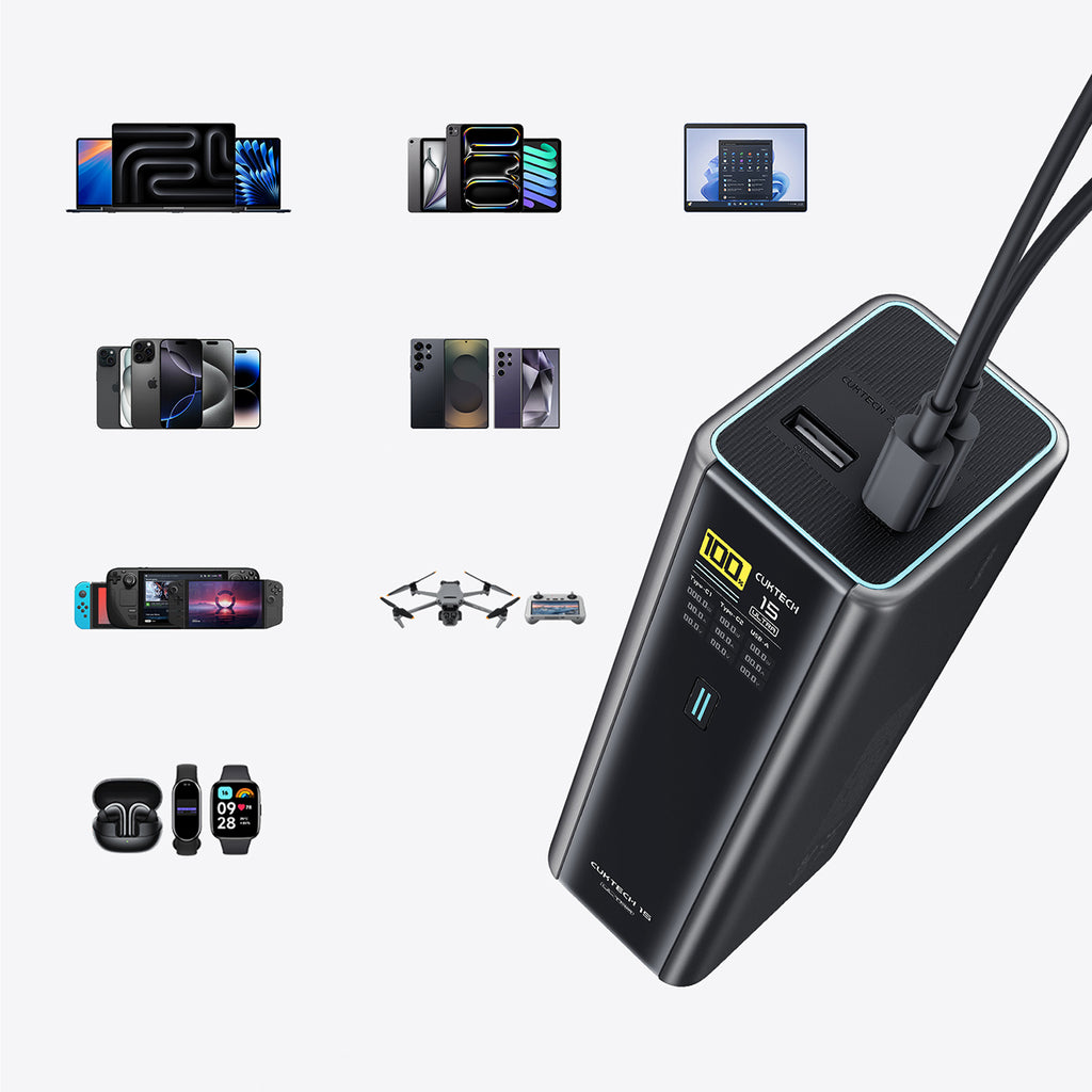Cuktech PB200U išorinė baterija 210W 20000mAh 2x USB-C + USB-A su TFT ekranu ir 240W USB-C kabeliu - juoda -- Powerbanks