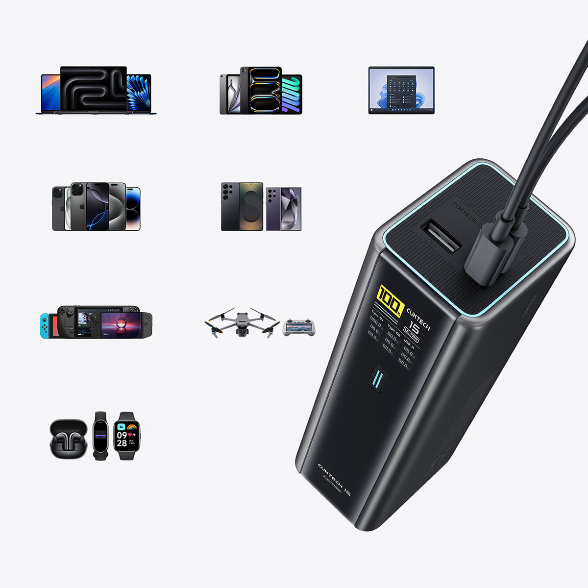 Cuktech PB200U išorinė baterija 210W 20000mAh 2x USB-C + USB-A su TFT ekranu ir 240W USB-C kabeliu - juoda -- Powerbanks
