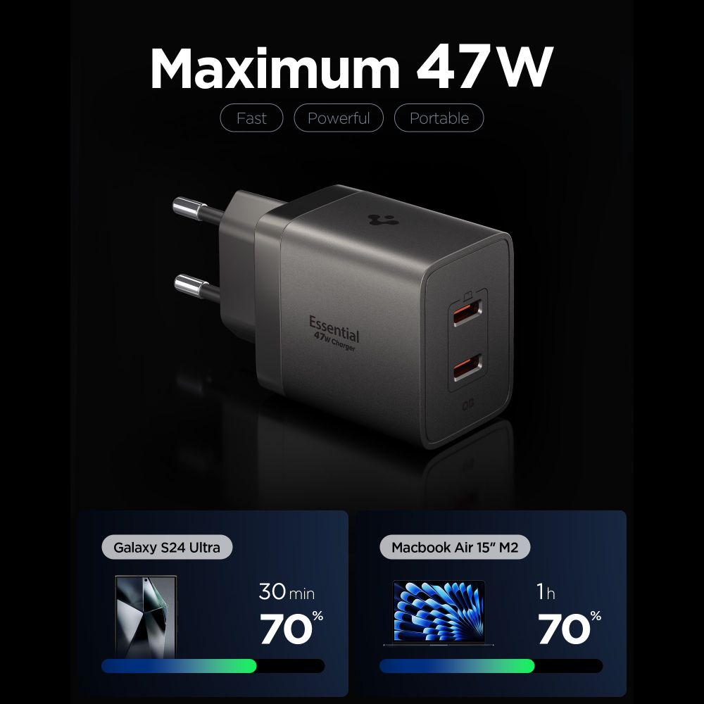 Tinklo įkroviklis Spigen Essential EE472EU-GAN 2 prievadai 47W - tamsiai pilkas -- Cell phone chargers