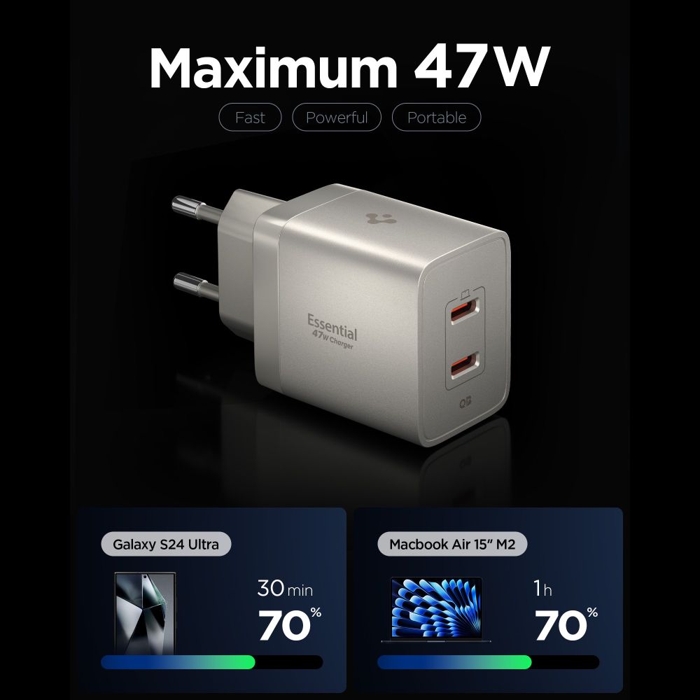 Tinklo įkroviklis Spigen Essential EE472EU-GAN 2 prievadai 47W - titano spalvos -- Cell phone chargers