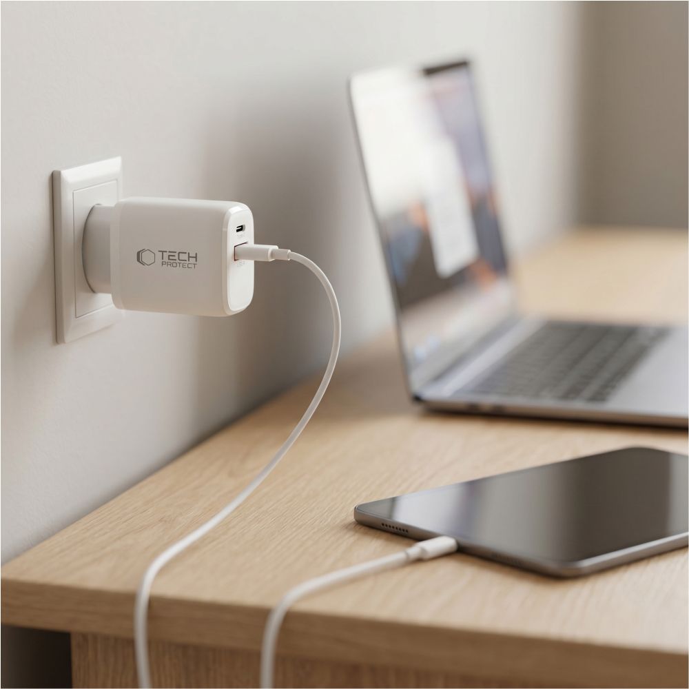 Tinklo įkroviklis Tech-Protect NCA65W-GAN 2 prievadai PD 65W / QC3.0 2 - balta -- Cell phone chargers