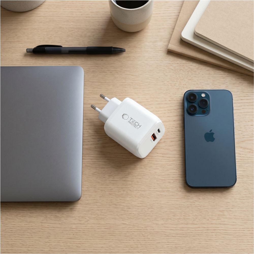 Tinklo įkroviklis Tech-Protect NCA65W-GAN 2 prievadai PD 65W / QC3.0 2 - balta -- Cell phone chargers