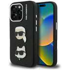 Karl Lagerfeld FW Grained Karl & Choupette Heads Pins dėklas skirtas iPhone 16 Pro Max - Juoda -- iPhone 16 Pro Max