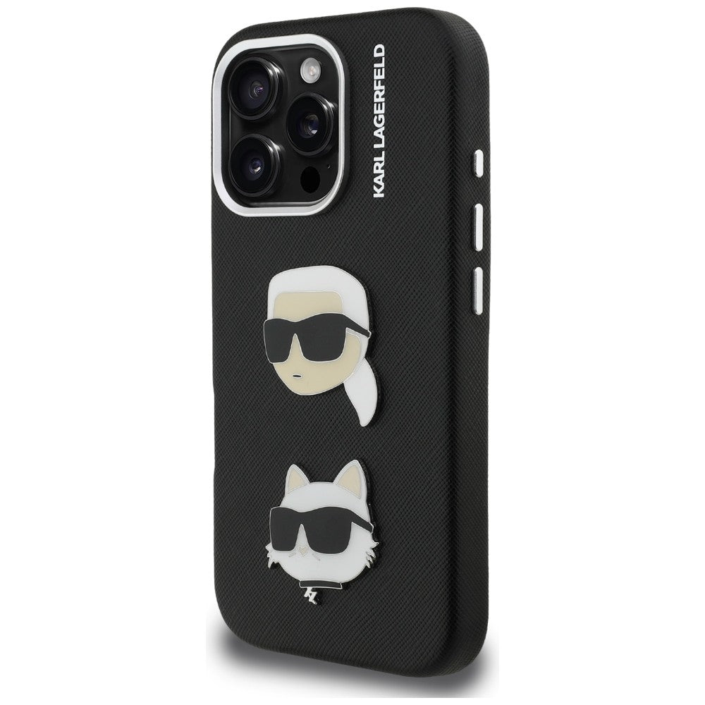 Karl Lagerfeld FW Grained Karl & Choupette Heads Pins dėklas skirtas iPhone 16 Pro Max - Juoda -- iPhone 16 Pro Max