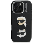 Karl Lagerfeld FW Grained Karl & Choupette Heads Pins dėklas skirtas iPhone 16 Pro Max - Juoda -- iPhone 16 Pro Max