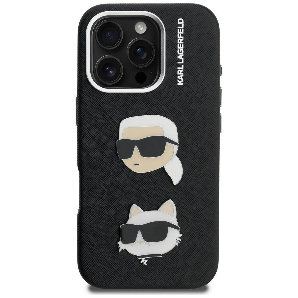 Karl Lagerfeld FW Grained Karl & Choupette Heads Pins dėklas skirtas iPhone 16 Pro Max - Juoda -- iPhone 16 Pro Max