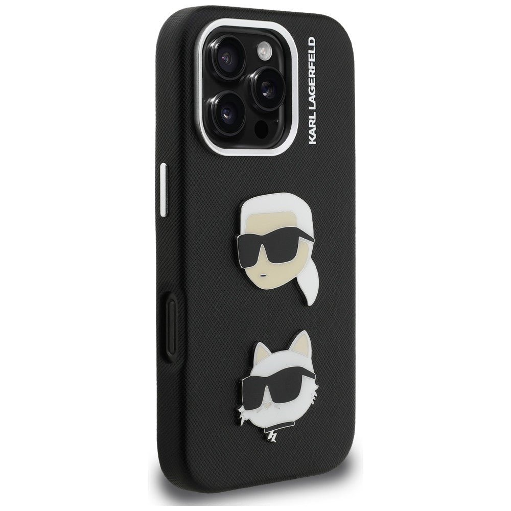 Karl Lagerfeld FW Grained Karl & Choupette Heads Pins dėklas skirtas iPhone 16 Pro Max - Juoda -- iPhone 16 Pro Max