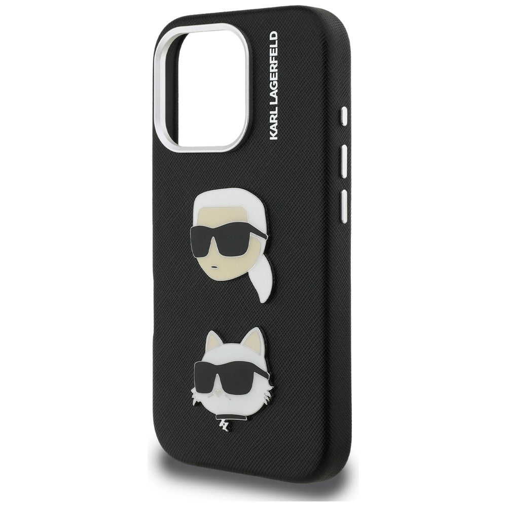 Karl Lagerfeld FW Grained Karl & Choupette Heads Pins dėklas skirtas iPhone 16 Pro Max - Juoda -- iPhone 16 Pro Max
