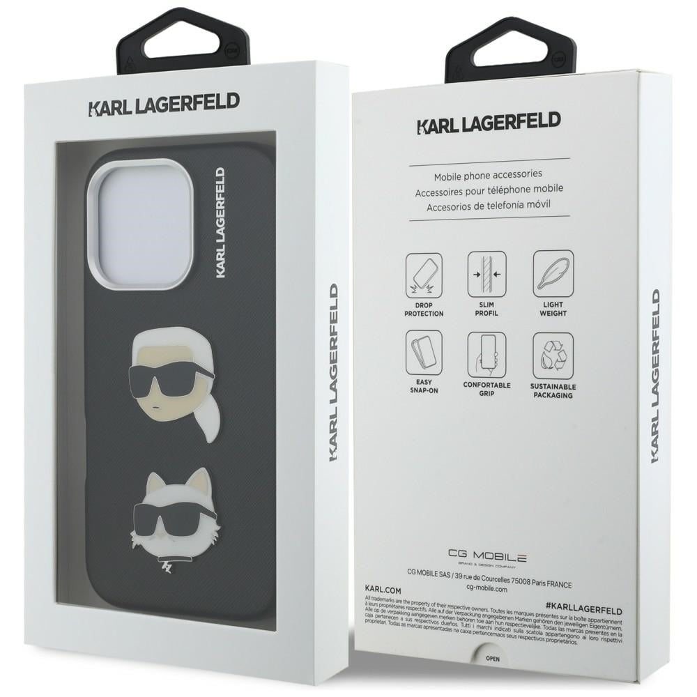 Karl Lagerfeld FW Grained Karl & Choupette Heads Pins dėklas skirtas iPhone 16 Pro Max - Juoda -- iPhone 16 Pro Max