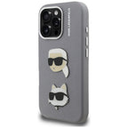 Karl Lagerfeld FW Grained Karl & Choupette Heads Pins dėklas iPhone 16 Pro Max – pilkas -- iPhone 16 Pro Max