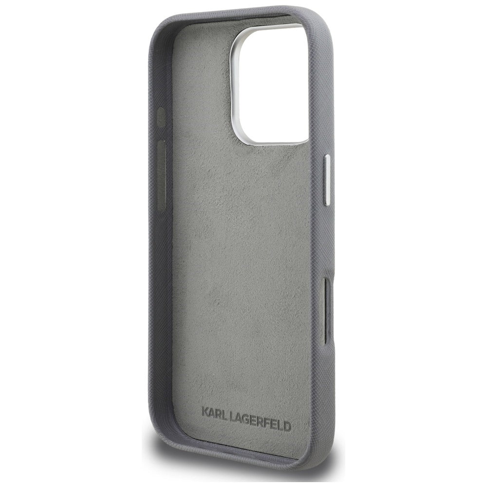 Karl Lagerfeld FW Grained Karl & Choupette Heads Pins dėklas iPhone 16 Pro Max – pilkas -- iPhone 16 Pro Max