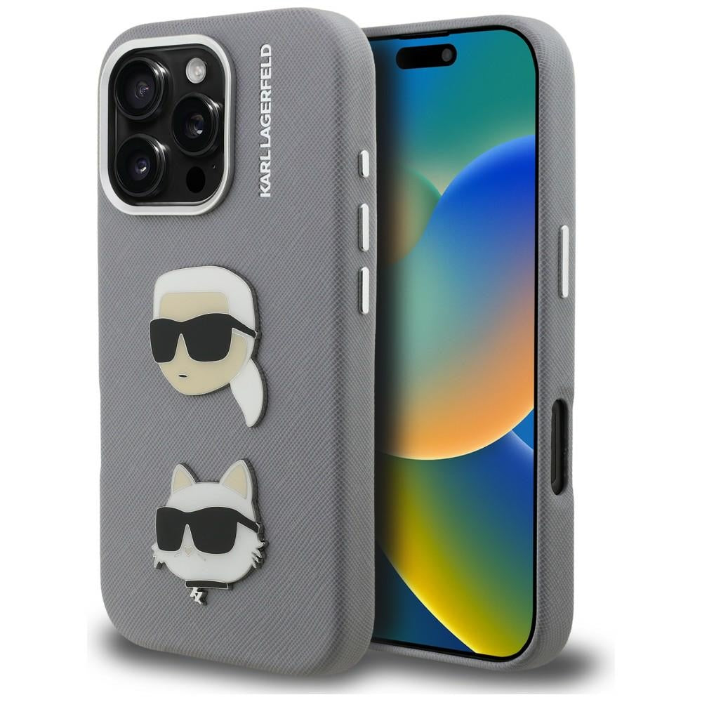 Karl Lagerfeld FW Grained Karl & Choupette Heads Pins dėklas iPhone 16 Pro - Pilkas -- iPhone 16 Pro
