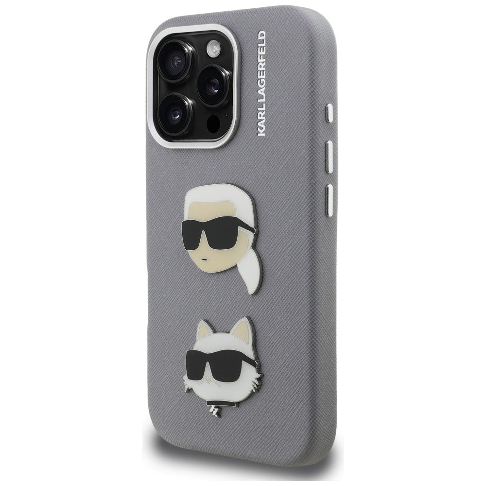 Karl Lagerfeld FW Grained Karl & Choupette Heads Pins dėklas iPhone 16 Pro - Pilkas -- iPhone 16 Pro