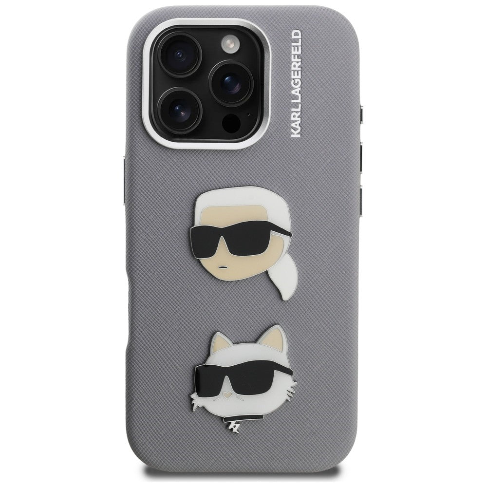 Karl Lagerfeld FW Grained Karl & Choupette Heads Pins dėklas iPhone 16 Pro - Pilkas -- iPhone 16 Pro