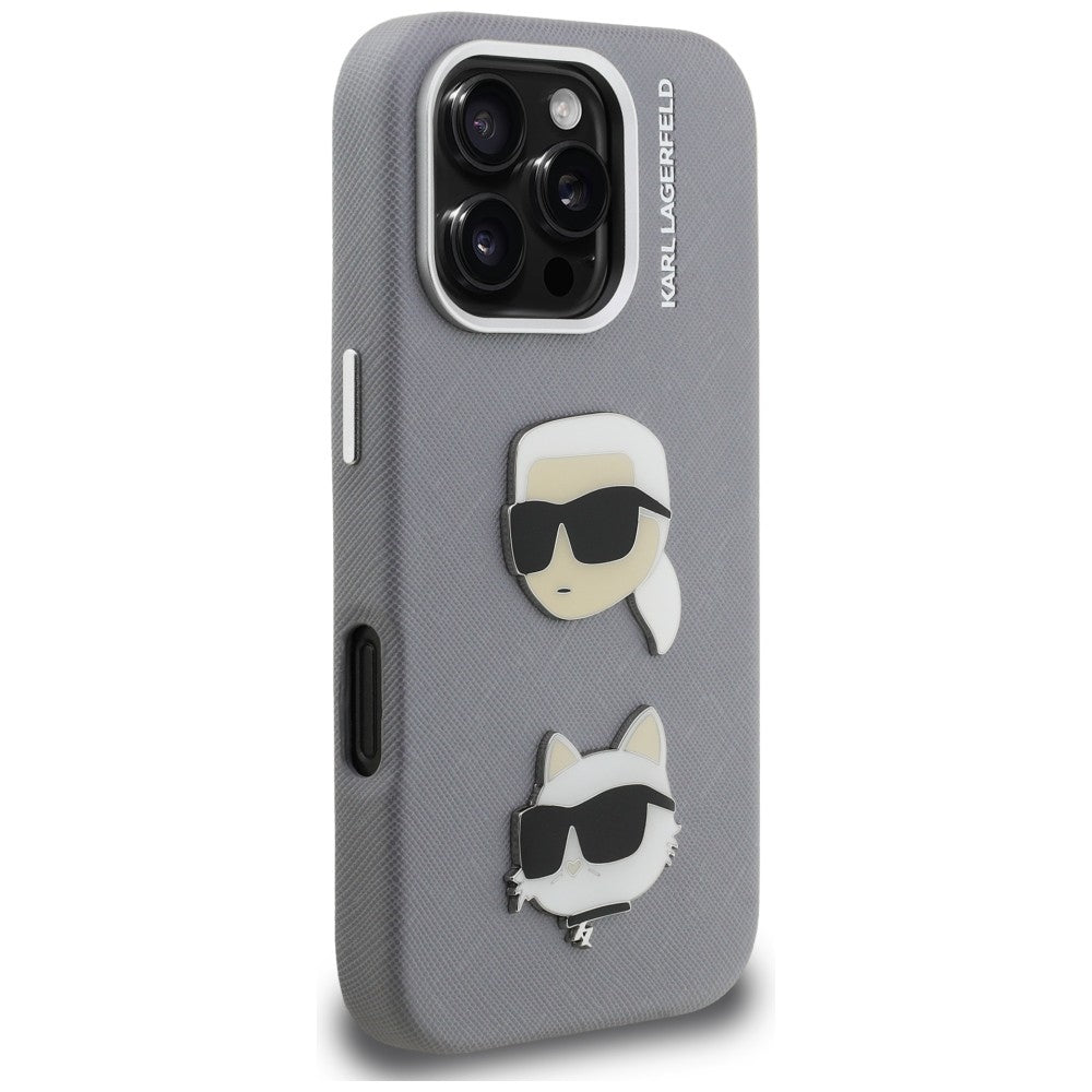 Karl Lagerfeld FW Grained Karl & Choupette Heads Pins dėklas iPhone 16 Pro - Pilkas -- iPhone 16 Pro