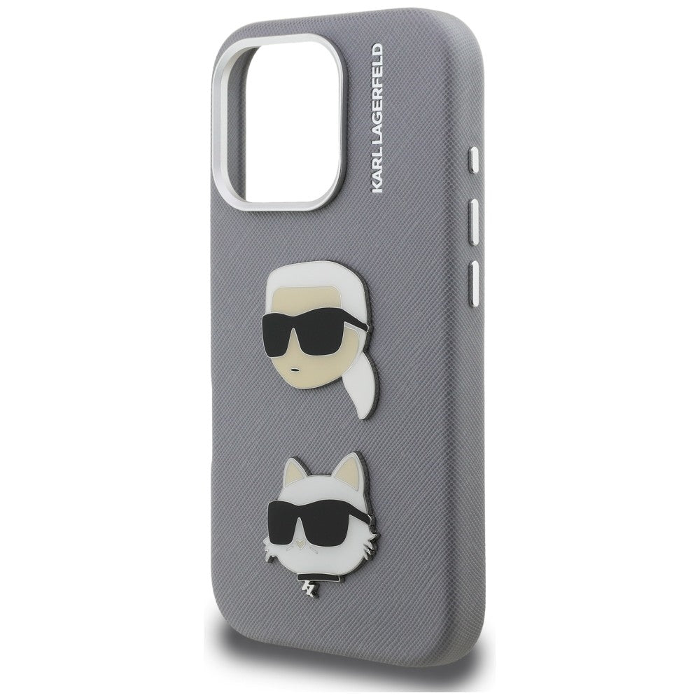 Karl Lagerfeld FW Grained Karl & Choupette Heads Pins dėklas iPhone 16 Pro - Pilkas -- iPhone 16 Pro