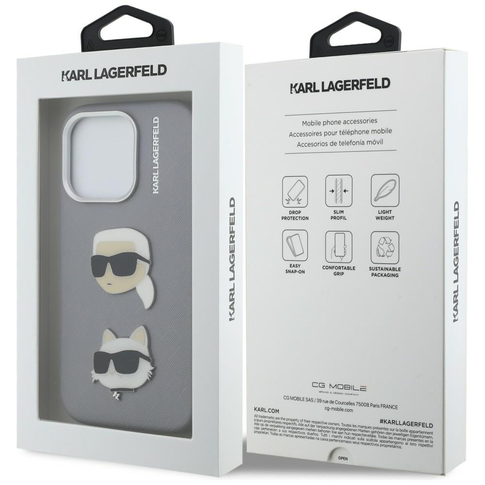 Karl Lagerfeld FW Grained Karl & Choupette Heads Pins dėklas iPhone 16 Pro - Pilkas -- iPhone 16 Pro