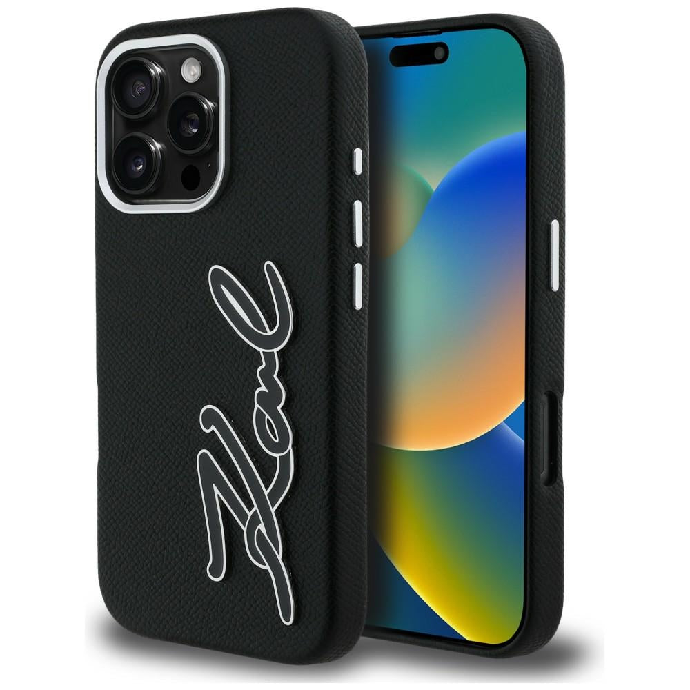 Karl Lagerfeld FW Grained Signature Logo iPhone 16 Pro dėklas - Juodas -- iPhone 16 Pro