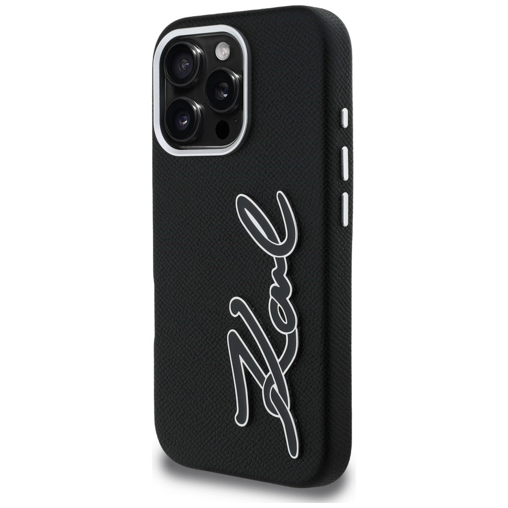 Karl Lagerfeld FW Grained Signature Logo dėklas iPhone 16 Pro Max - Juodas -- iPhone 16 Pro Max