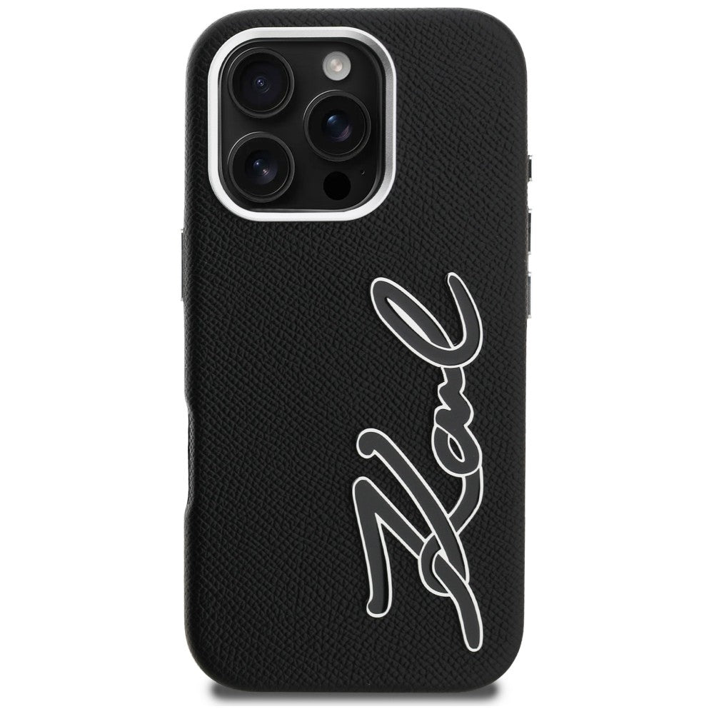 Karl Lagerfeld FW Grained Signature Logo dėklas iPhone 16 Pro Max - Juodas -- iPhone 16 Pro Max