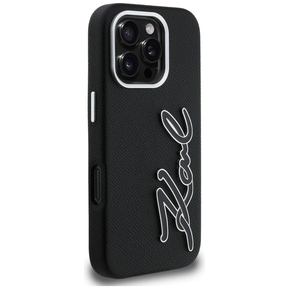 Karl Lagerfeld FW Grained Signature Logo dėklas iPhone 16 Pro Max - Juodas -- iPhone 16 Pro Max