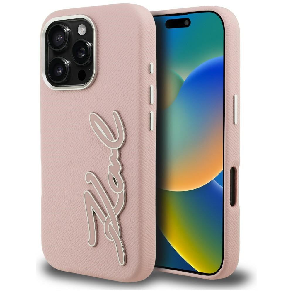 Karl Lagerfeld FW Grained Signature Logo iPhone 16 Pro Max dėklas - Rožinis -- iPhone 16 Pro Max