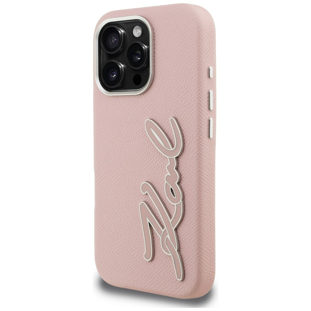 Karl Lagerfeld FW Grained Signature Logo iPhone 16 Pro Max dėklas - Rožinis -- iPhone 16 Pro Max