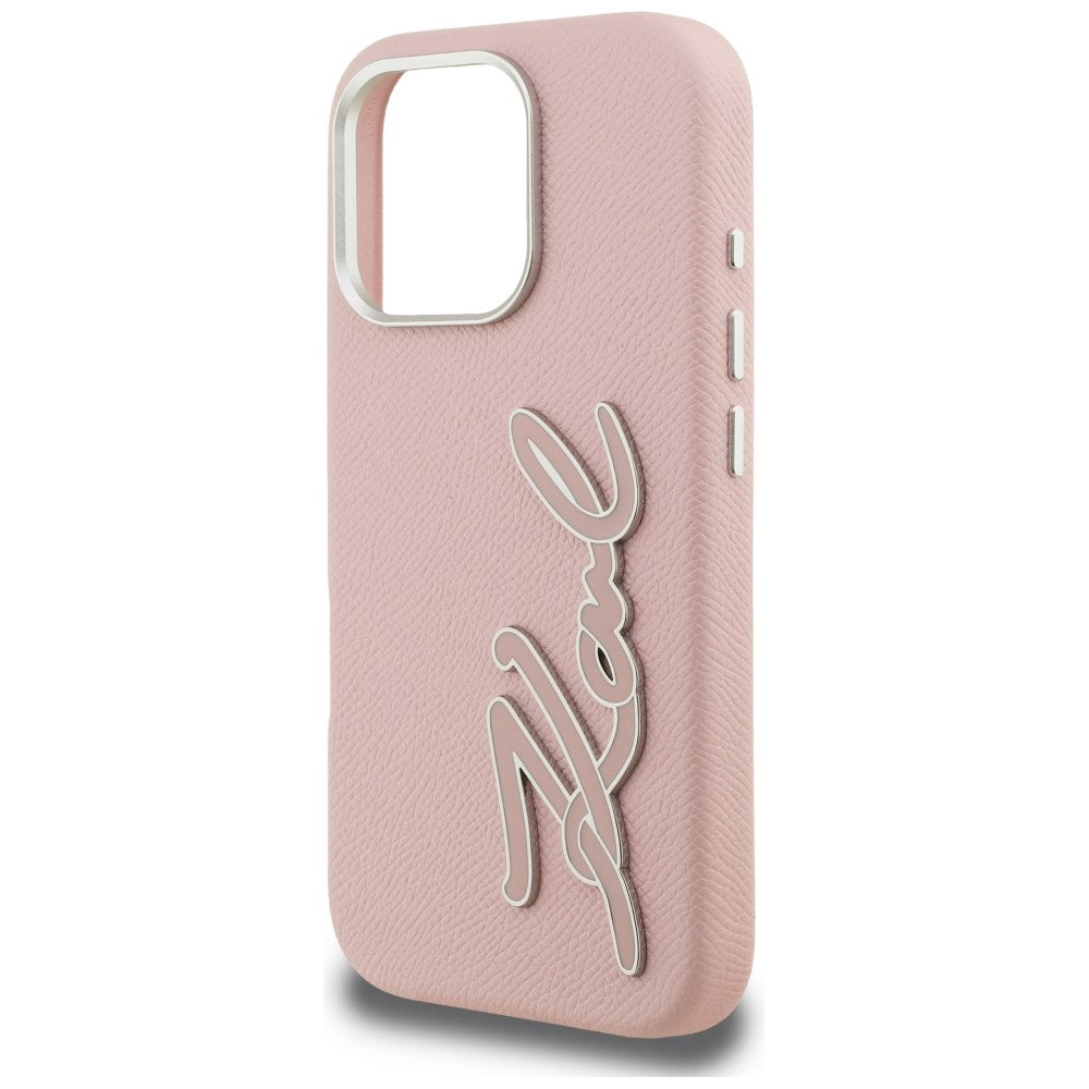 Karl Lagerfeld FW Grained Signature Logo iPhone 16 Pro Max dėklas - Rožinis -- iPhone 16 Pro Max