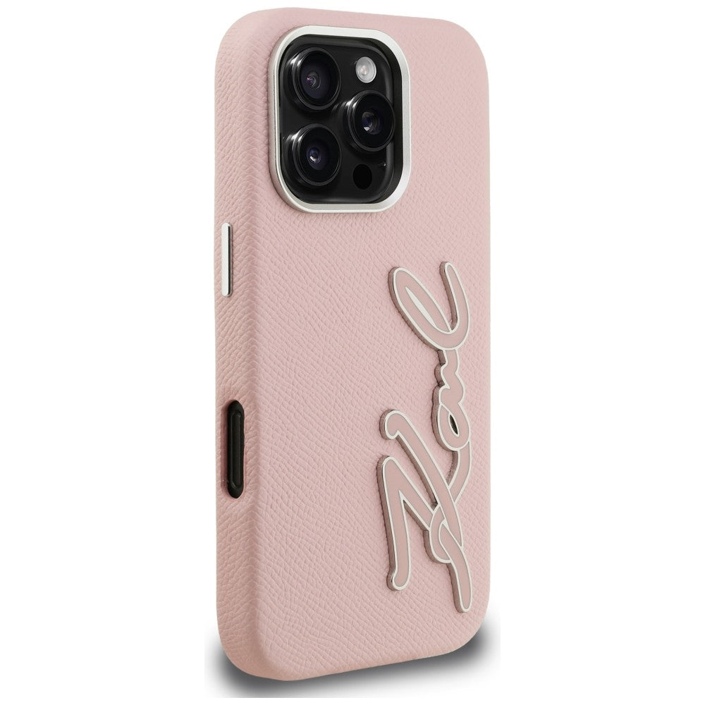 Karl Lagerfeld FW Grained Signature Logo iPhone 16 Pro dėklas - Rožinis -- iPhone 16 Pro