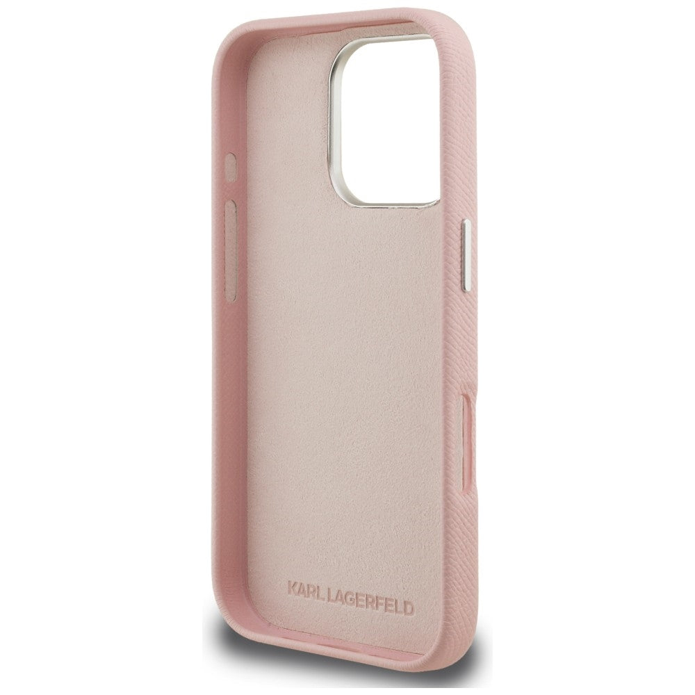Karl Lagerfeld FW Grained Signature Logo iPhone 16 Pro dėklas - Rožinis -- iPhone 16 Pro