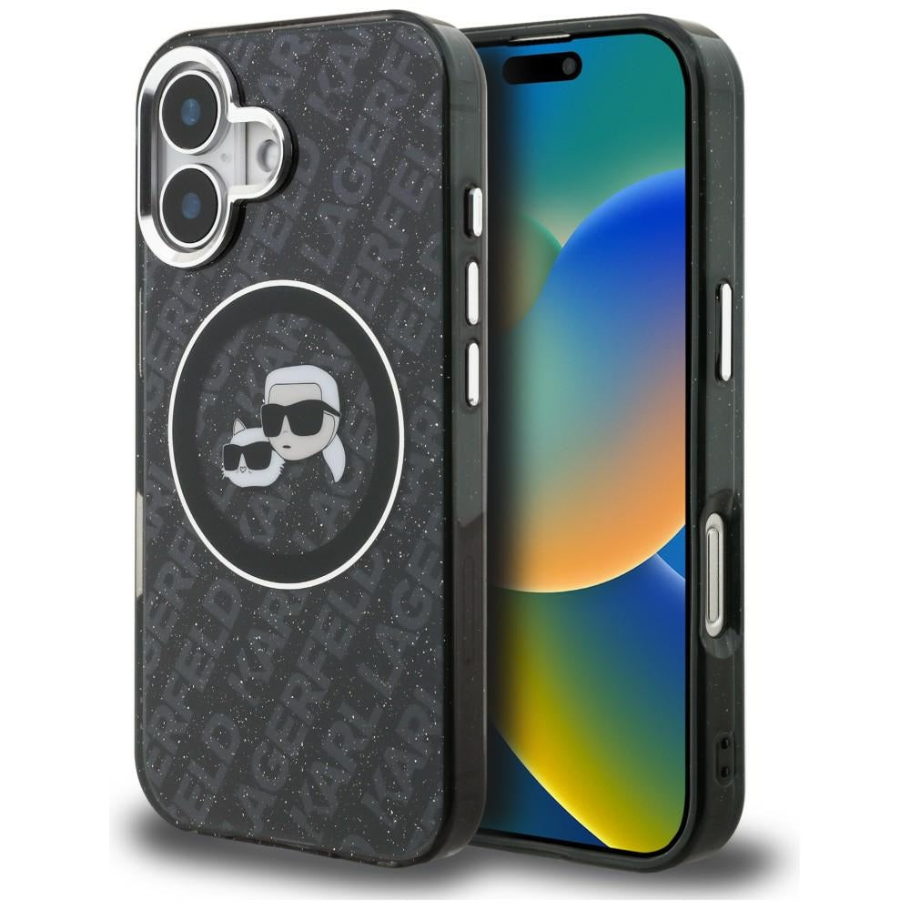 Karl Lagerfeld IML Glitter Karl & Choupette Heads Logo MagSafe dėklas iPhone 16 - Juoda -- iPhone 16
