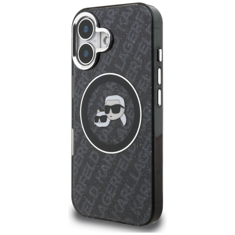 Karl Lagerfeld IML Glitter Karl & Choupette Heads Logo MagSafe dėklas iPhone 16 - Juoda -- iPhone 16