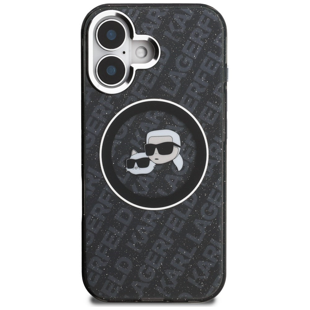 Karl Lagerfeld IML Glitter Karl & Choupette Heads Logo MagSafe dėklas iPhone 16 - Juoda -- iPhone 16